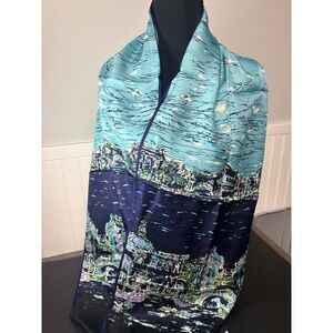 Talbots 100% Silk‎ Scarf Navy Blue Light Blue Cityscape Architecture Print 58x12